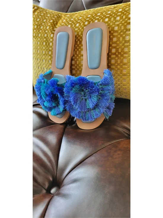 PrettyLittleThing Blue & Teal Fringe Slide Sandals - Picture 3 of 3